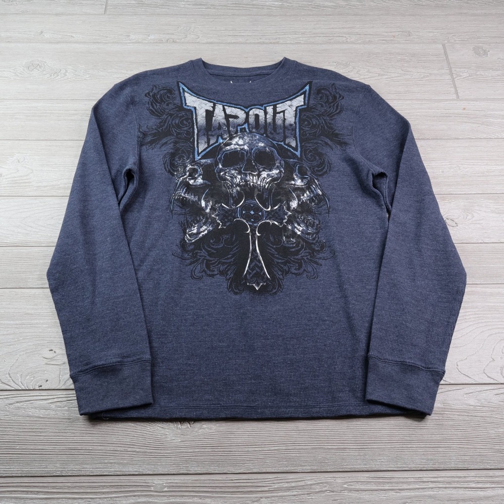 Tapout Skull Cross Graphic Thermal Waffle Knit Shirt Men's L Navy Blue MMA